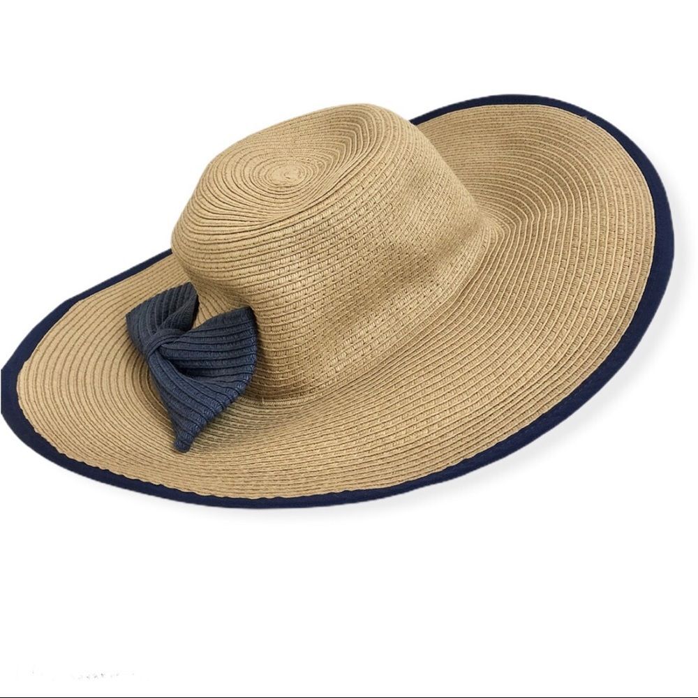 Boho Straw Sun Hat with Navy Blue Trim & Bow | Summer Minimalist